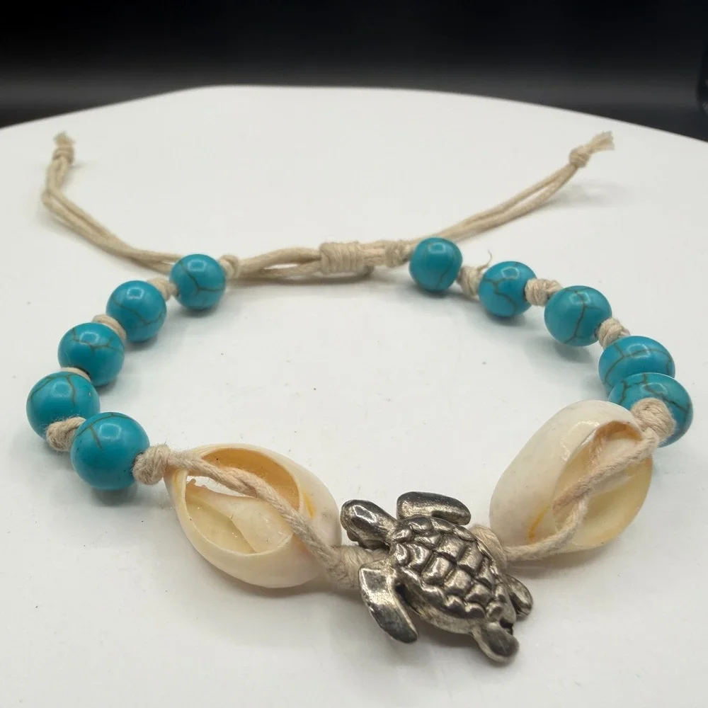 Boho Sea Turtle Bracelet Blue Beads Cowrie Shell Adjustable Beach Surfer Gift